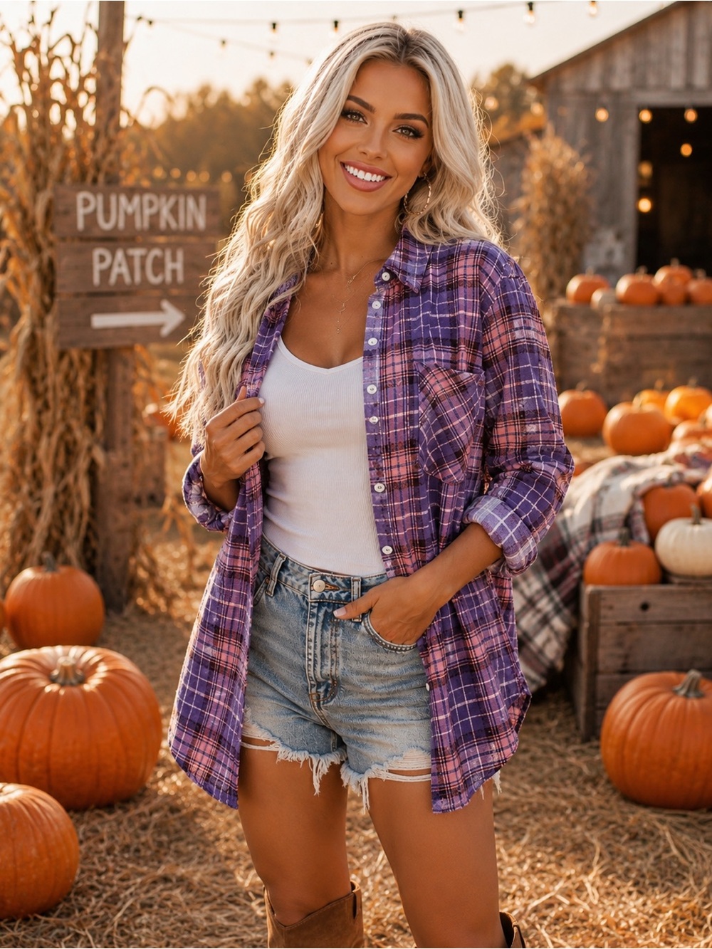 Purple Button Down Plaid Shirt - Picture 5 of 7